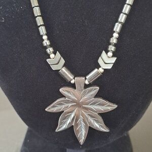Hematite Weed Pot Leaf Necklace with Barrel Closure